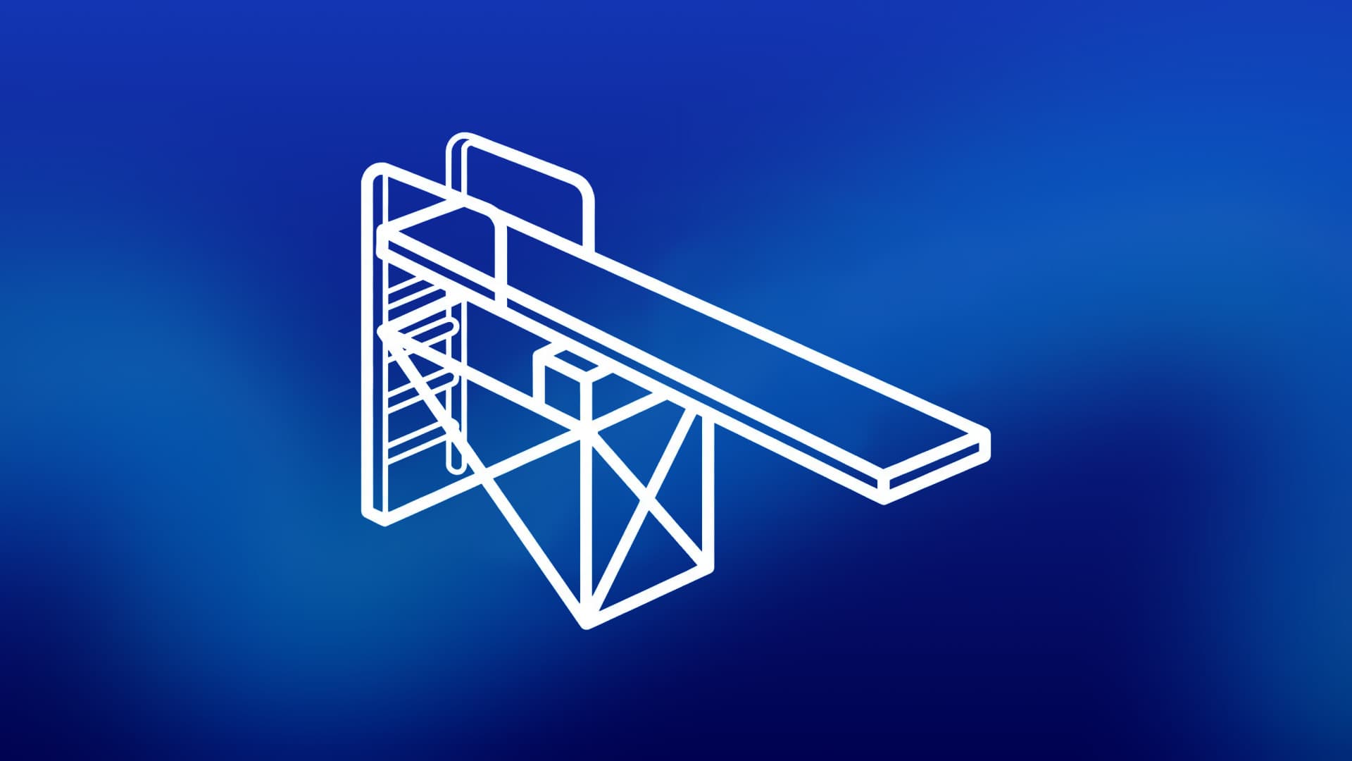 Line drawing of a diving board reaching out over open space from a plain support frame