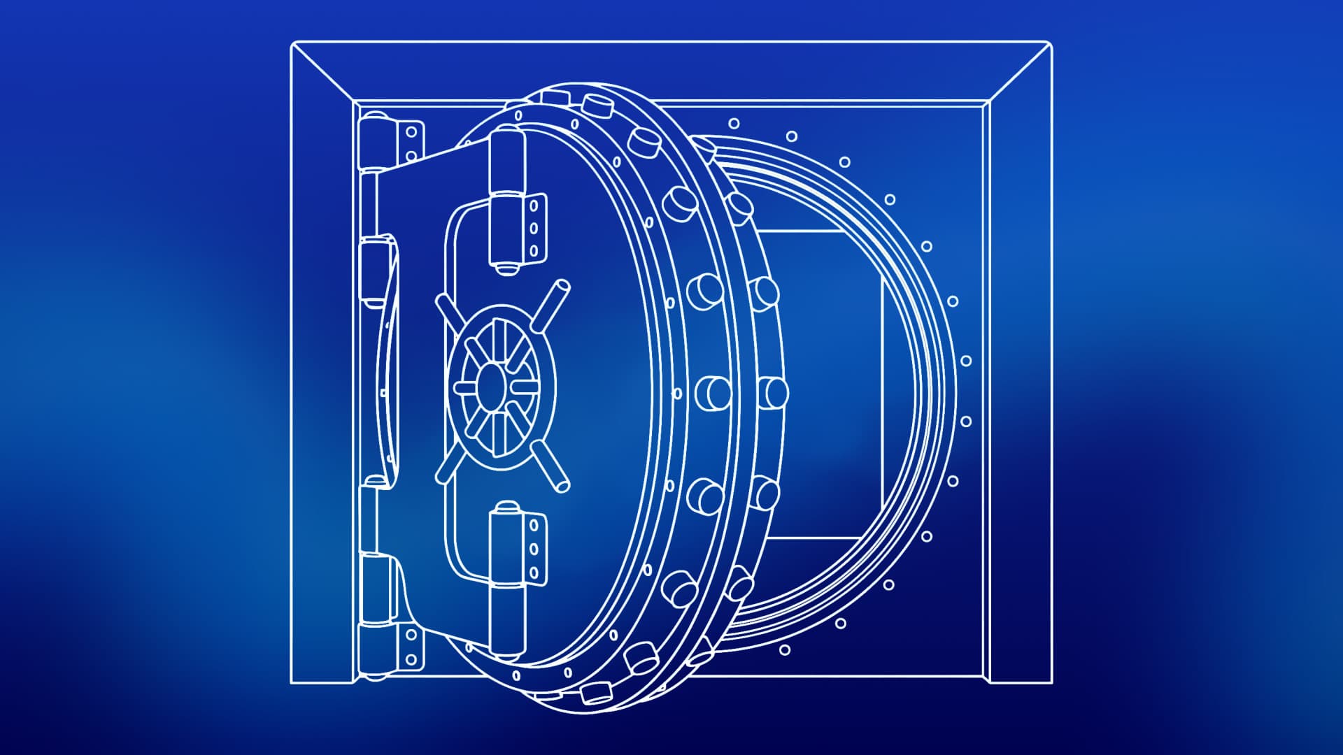 Line drawing of a vault door ajar on a heavy hinge frame